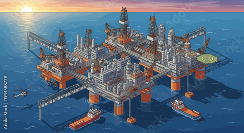 Offshore Oil Rig Platform at Sunset with Ships and Helicopter
