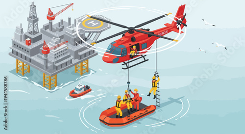 Offshore Oil Rig Rescue Operation with Helicopter and Rescue Boat