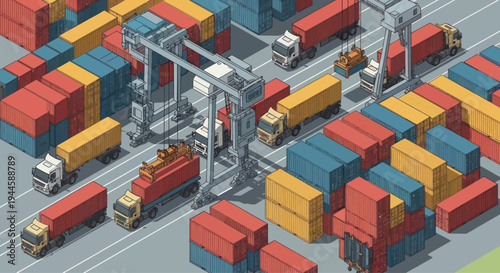 Isometric Shipping Port with Cranes, Trucks, and Cargo Containers
