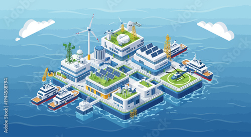Floating City: Sustainable Offshore Energy Hub with Wind Turbines and Solar Panels
