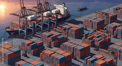 Busy shipping port with cargo ships and containers at sunset