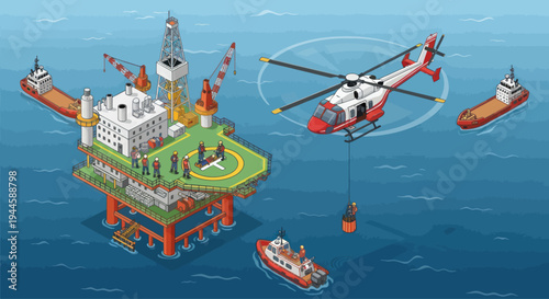 Offshore Oil Rig Platform with Helicopter, Supply Ships, and Tugboat in Ocean