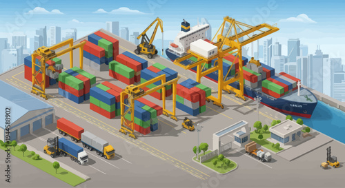 Isometric cargo port with cranes, containers, ships, and trucks, illustrating global logistics.