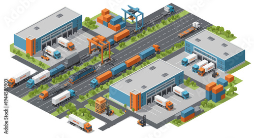 Isometric Logistics Hub: Trucks, Trains, and Warehouses in a Busy Industrial Zone