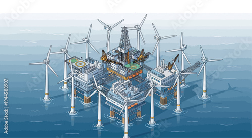 Offshore Wind Farm and Oil Rig Complex: Renewable Energy and Fossil Fuel Synergy