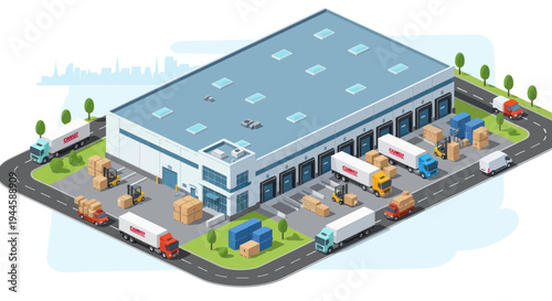 Modern Warehouse Logistics Hub with Trucks, Forklifts, and Delivery Vehicles