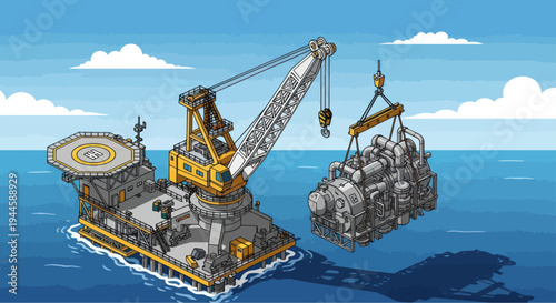 Offshore crane vessel lifting heavy industrial machinery onto platform