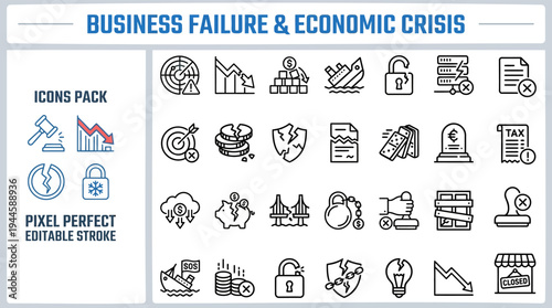 Business Failure & Economic Crisis Icons — Bankruptcy, Financial Loss, Market Decline, Risk, Debt, Business Closure, Editable Stroke Vector Icons for Designers