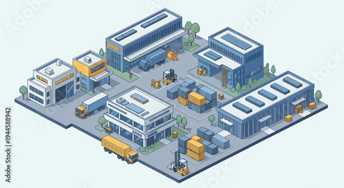 Pixel Art Industrial Zone with Warehouses, Trucks, and Forklifts in Isometric View