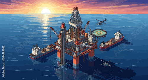Pixel Art Oil Rig Platform at Sunset with Helicopter and Ships in Ocean