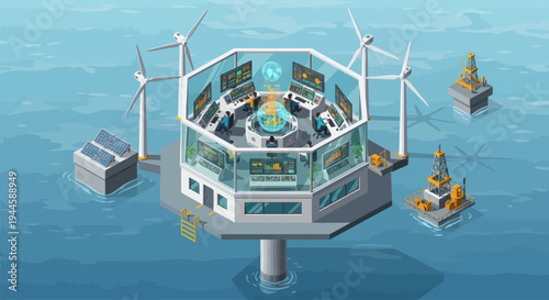 Offshore Renewable Energy Control Center with Wind Turbines and Solar Panels