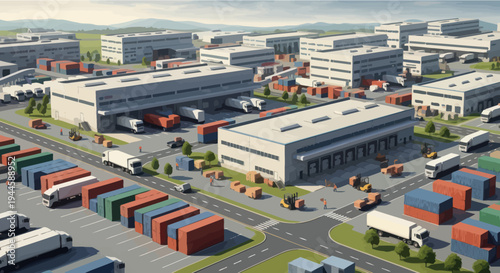 Modern Logistics Hub with Warehouses, Trucks, and Shipping Containers