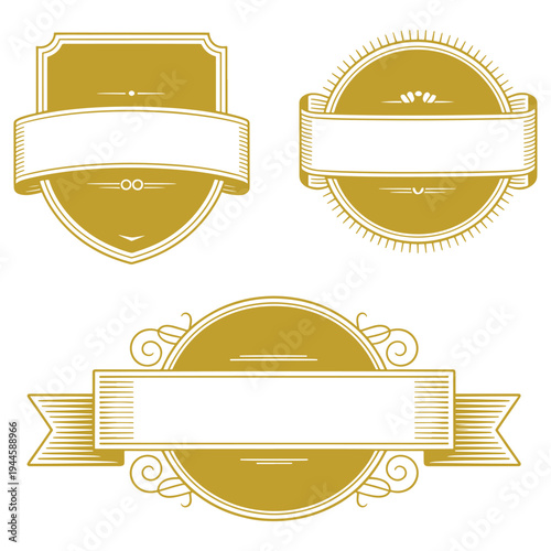 Vintage style decorative labels with ornate borders and ribbons