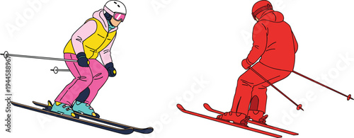 Two professional skiers downhill skiing in colorful winter gear and helmets on a white background, perfect for winter sports flat vector illustration design.