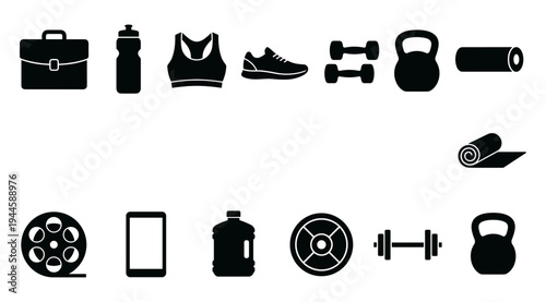 A collection of black icons on a white background, featuring fitness and business symbols, including gym equipment, office supplies, and wellness items, for use in design and marketing materials.