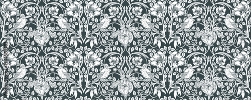 Seamless vector pattern inspired by William Morris and the Arts and Crafts movement, featuring stylized plants, flowers, and birds in a vintage ornamental design ideal for textiles and wallpaper.