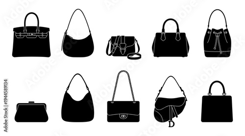 A set of ten different black handbags and purses arranged in two rows on a plain white background, showcasing various styles and designs.