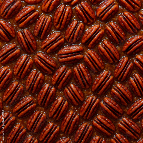 Traditional American pecan pie with roasted pecans and caramel filling pattern