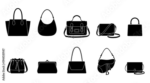 A set of ten different black handbag silhouettes arranged in two rows on a clean white background, showcasing various styles and designs, perfect for fashion and accessory concepts.