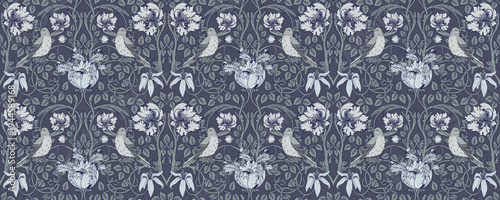 Seamless vector pattern inspired by William Morris and the Arts and Crafts movement, featuring stylized plants, flowers, and birds in a vintage ornamental design ideal for textiles and wallpaper.