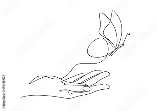 One continuous line drawing of hand holding butterfly. Beautiful flying moth for wellbeing beauty or spa salon logo in simple linear style. Hand drawn one line vector. Editable stroke	