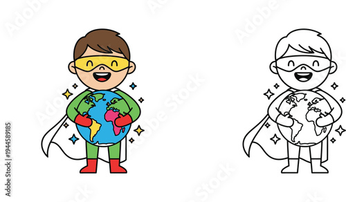 Eco-Friendly Cartoon Superhero Boy Hugging Planet Earth with Sparkles