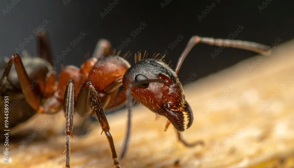 Fototapeta premium Closeup of Red Ant on Wooden Surface.