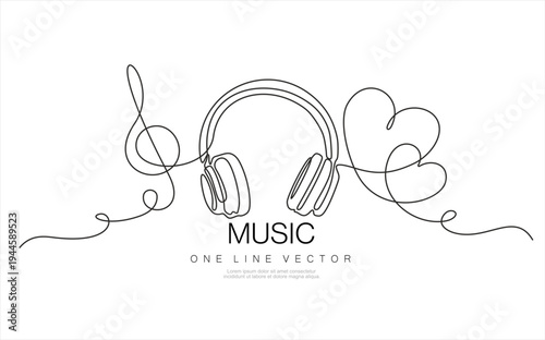 One line headphones and heart. Continuous drawing of music gadget and note. Audio headphone outline sketch. Lineart vector concept of musical symbol. Hand drawn one line vector. Editable stroke.	