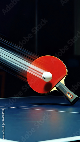 Ping Pong Ball Striking Red Table Tennis Paddle With High Speed Motion Effect on Dark Background, Dynamic Sports Action Concept for Table Tennis Competition