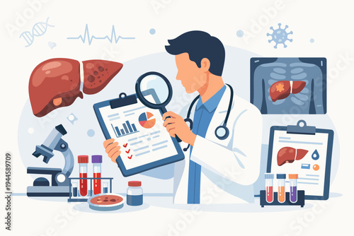 Liver Disease and Pathology Lab Exam Concept Vector of a Male Doctor Reviewing Medical Test Results, Hepatology Diagnosis, Hepatitis, Cirrhosis, Liver Cancer Research, and Healthcare Analysis.