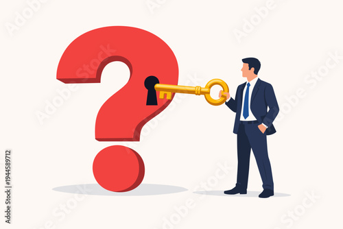 Businessman holding a golden key to unlock a large red question mark, representing finding solutions to problems, business strategy, wisdom, understanding, and discovering answers to questions.