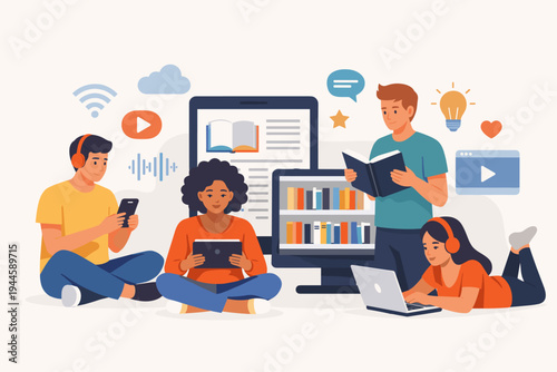 Diverse students engaged in digital learning and traditional reading using laptops, tablets, and books for education in a modern online library setting with technology icons and symbols.