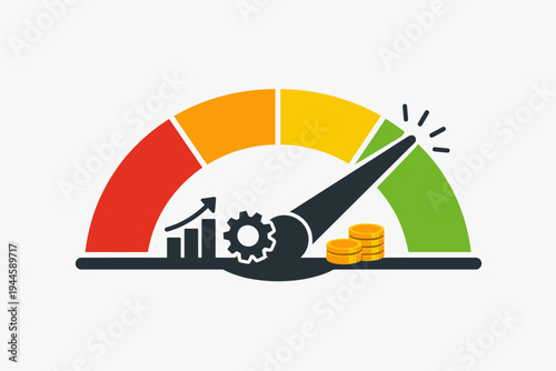 Business performance meter vector illustration with needle at maximum green level, featuring growth chart, gear, and gold coins icons representing financial success, efficiency, and productivity.