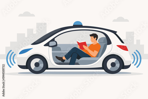 Self-driving autonomous car vector illustration with a man sitting inside reading a book. Concept of future transportation, smart vehicle technology, and passenger leisure during commute.