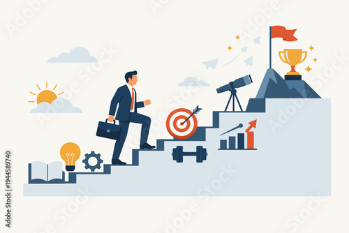 Professional businessman climbing stairs of success to reach a trophy and flag on a mountain peak. Concept of career growth, personal development, goal setting, and business achievement.