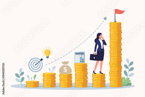 Businesswoman standing on a growing stack of gold coins, contemplating her path to financial success. Vector illustration of investment growth, wealth management, career goals, and prosperity.