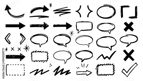 hand-drawn doodle vector set of annotation marks illustrated in a playful sketchy outline style isolated on white background