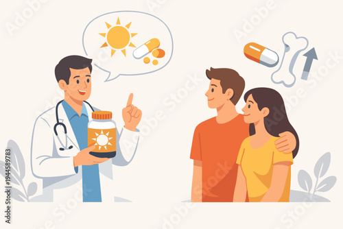Doctor Advising Young Couple on Vitamin D Supplements for Bone Health and Wellness, Flat Vector Illustration of Medical Consultation with Sunlight Vitamin Pills for Stronger Bones and Health.