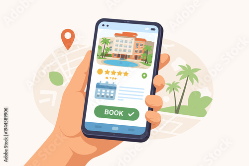 Vector Illustration of a Hand Holding a Smartphone with a Hotel Booking App Interface, Featuring a Tropical Resort with Pool, Palm Trees, Star Ratings, Calendar, and a Green Book Now Button.