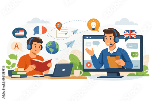 Online Language Learning Concept with Student Reading Book and Using Laptop for Remote Education with Teacher on Screen, Virtual Classroom, Distance Tutoring, and Global Communication Icons.