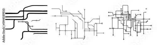Digital Plumbing set with abstract line art network design featuring sharp black ink, data flow, connectivity theme with vector and illustration