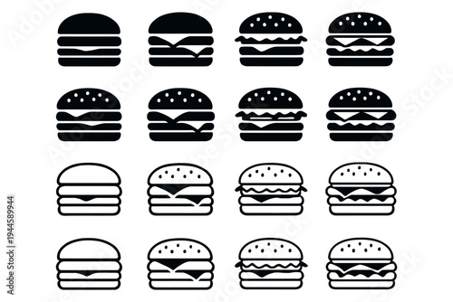 Simple hamburger icon set featuring both outline and solid black versions for digital design
