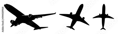 Commercial airplane set with minimalist vector icon ascending at a slight upward angle featuring silhouette, clean lines, solid black fill with monochrome and professional travel