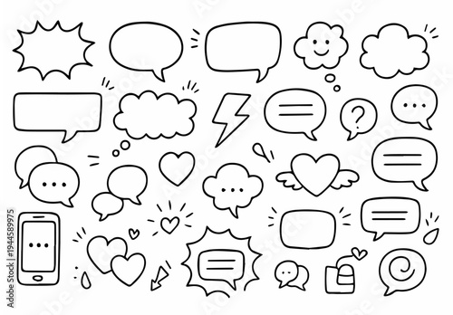 hand-drawn doodle vector set of speech bubbles illustrated in a playful sketchy outline style isolated on white background