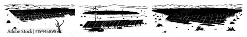 Solar farm set with large-scale woodcut style illustration of panels across desert horizon featuring solar panels, desert, renewable energy with black ink and white background
