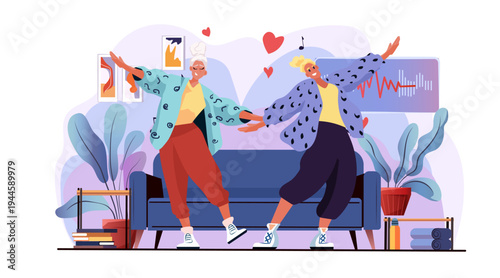 Active seniors dancing together joyful lifestyle elderly couple enjoying music at home modern interior plants abstract decor colorful flat design