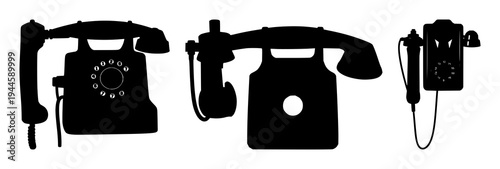 Telephones set with solid black silhouette of a vintage 1920s wall-mounted hand-crank phone featuring line art, minimalism, vector graphics with black fill and white background