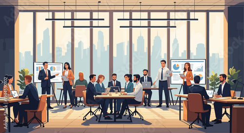 A dynamic team of business professionals engages in collaborative meetings and presentations within a sleek, modern office setting, framed by a panoramic city view.