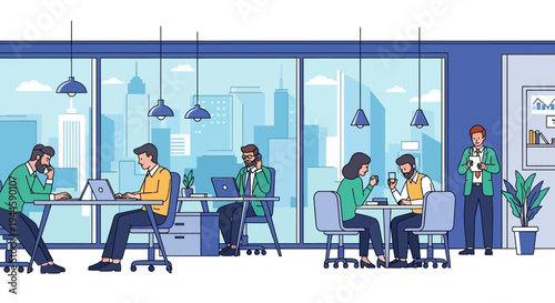 A vibrant modern office environment where diverse professionals are actively engaged in various tasks, utilizing technology and collaborating in a dynamic urban setting.
