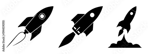Rocket ship set with minimalist black silhouette and diagonal trajectory featuring space travel, launch, flying with exploration and innovation